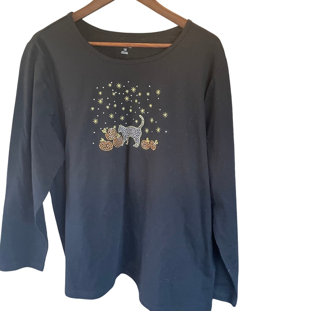 Erika Womens Celestial Cat Pumpkin Rhinestone Graphic Long Sleeve Tee Black 1X